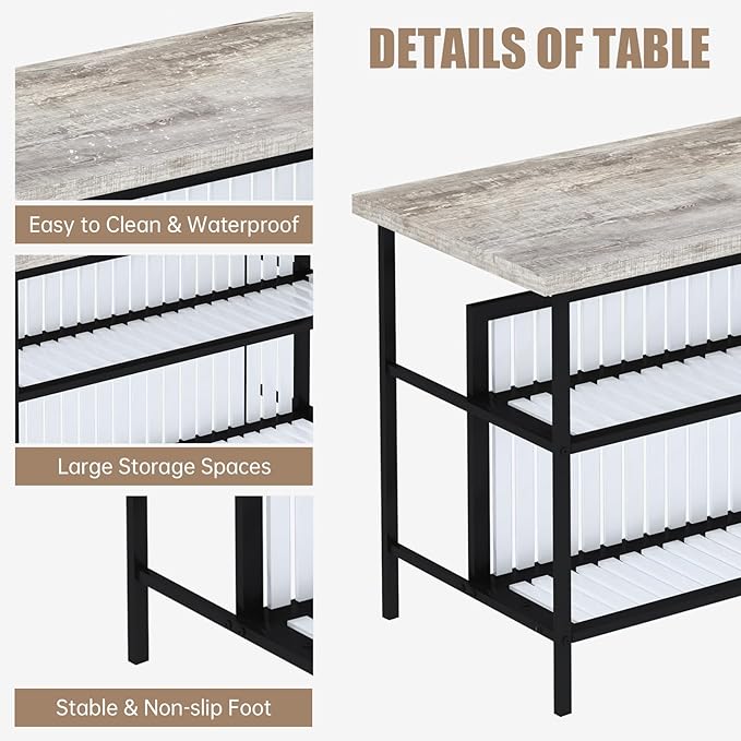 Lamerge 3 Piece Bar Table and Chairs Set, Industrial Bar Table Set with Storage Shelves,Marble Counter Height Island with 2 Bar Stools,Modern Pub Island for Kitchen,Grey