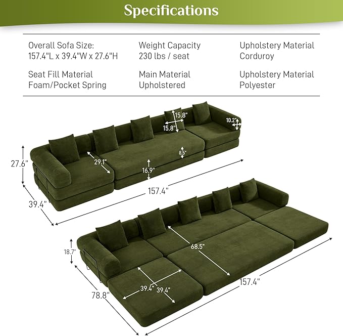 DAMAIFROM 157" Convertible Sleeper Sofa Bed Set with Pillow, 4-in-1 Corduroy Folding Mattress Boneless Couch with Fixed-Shape Frame, Fold Out Floor Sofa Cama Lounge Couch for Living Room, Olive Green