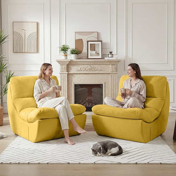 Set of 2 Bean Bag Chairs, Boneless Lounge Chair, Togo Chair Sofa, Anti Cat Scratch Fabric with Machine Washable, Beanbag Chair for Bedroom, Floor Couch Living Room, Bedroom, Reading Corner (YELLOW)