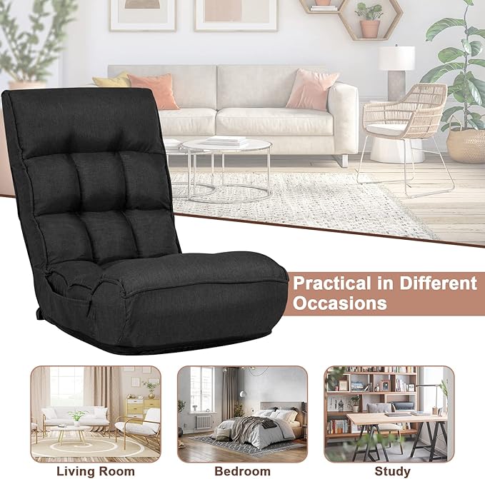 S AFSTAR Folding Floor Chair, Floor Gaming Chair with 5-Position Adjustable Headrest & 4-Position Backrest, Side Pocket & Thicken Cushion, Padded Floor Seat Lazy Chair for Living Room Bedroom