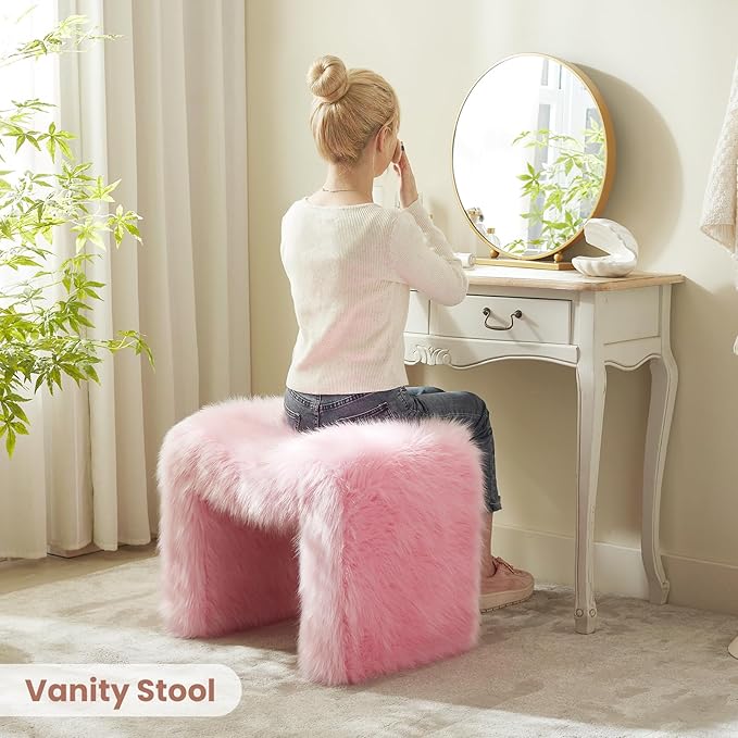 Vanity Stool Chair Small Footstool Ottoman Faux Fur Seating Backless Modern Foot Rest Ottoman Furry for Makeup Room Living Room Bedroom Entryway,Pink (Single 1)