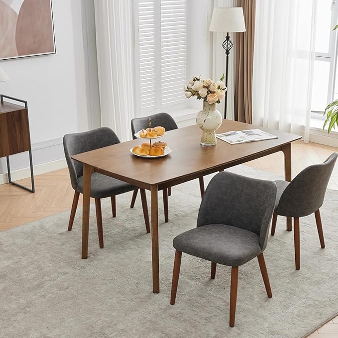 ElfinAura Dining Chair Set of 4, Leather Upholstered Dining Chair with Wood Legs, Wing Backrest, Wooden Kitchen Chair, Kitchen Chairs with Thick Cushions for Dining Room, Living Room, Dark Grey