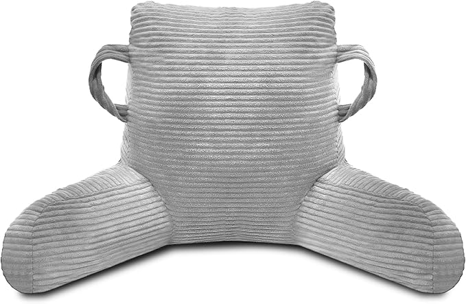 ABROLOY Reading Pillow for Sitting in Bed Adult, Bed Reading Pillow with Shredded Memory Foam, Back Pillow for Sitting with Arms and Pockets, LightGrey