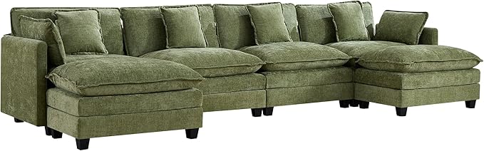 UMBFUN 4-Seater Cloud Couch with 2 Ottomans, Extra-Large Modular Sectional U Shaped Sofa with Deep Seat Cushions, Chenille Couch for Living Room, Green