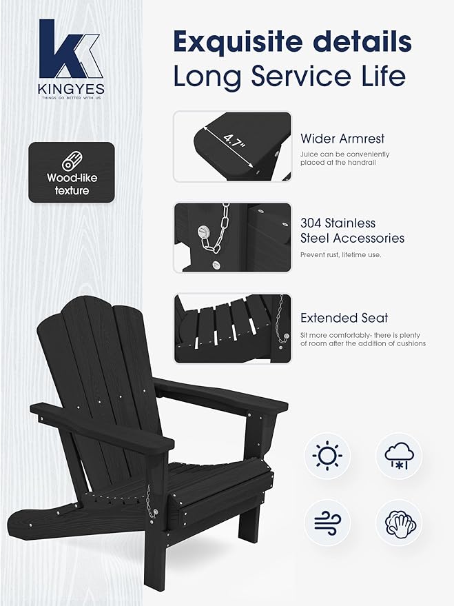 KINGYES Folding Adirondack Chair Set of 4, HDPE All-Weather Patio Chairs, Wooden Textured Lawn Chair for Poolside, Backyard, Deck, Fire Pit, Black