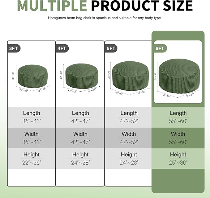 Homguava 6 FT Bean Bag Chair,6' Big Bean Bag,Giant Bean Bag Chairs for Adults with Memory Foam Filled,Comfy Large Beanbag Chairs Soft Bean Bag Sofa with Dutch Corded Plush Cover-Green