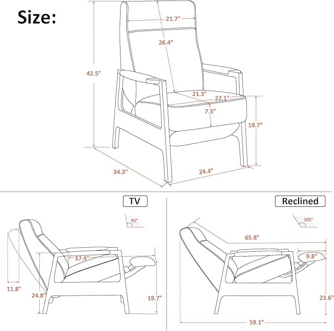 MCombo Pushback Recliner Chair with Wooden Armrests, Upholstered Single Sofa Accent Chair for Living Room and Office, Fabric MR097 (Coffee)