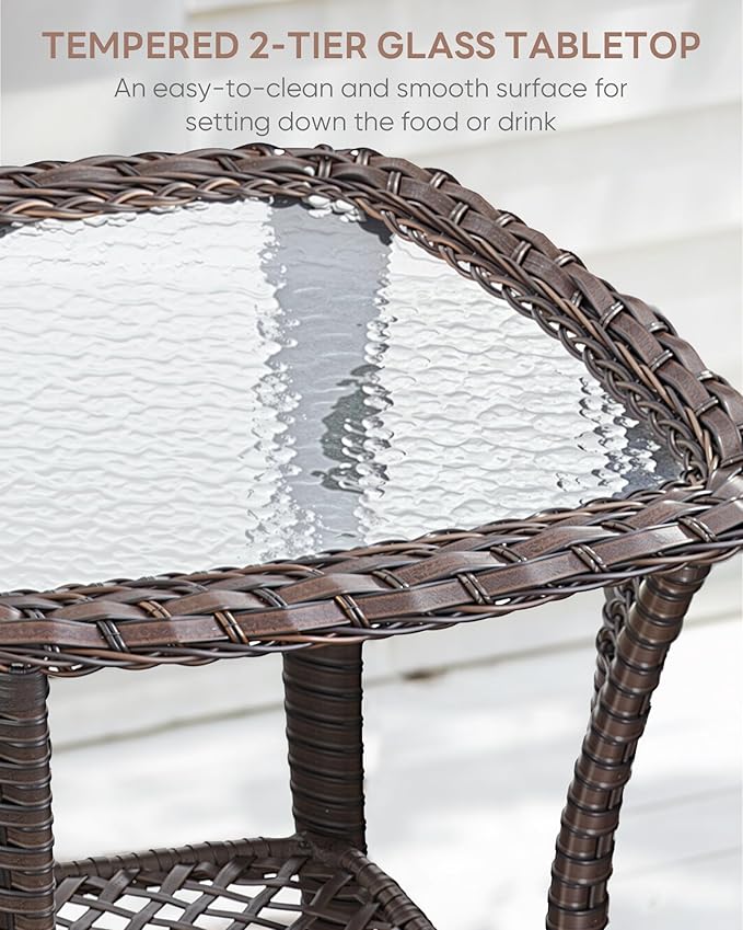 ACTREST 3 Piece Patio Brown Wicker Chairs with Side Table - Outdoor High Back Heavy Duty All-Weather Lawn Dining Rattan Chair Conversation Bistro Set for Deck Porch Balcony Backyard Garden - Navy Blue