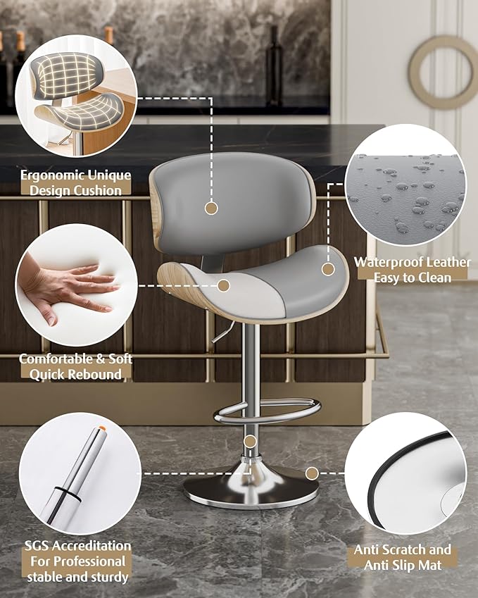 Aowos Bar Stools Set of 2, Adjustable Swivel Leather Bar Stools for Kitchen Island, Mid Century Modern Counter Height Bar Chairs Barstools with Back & Footrest (Grey)