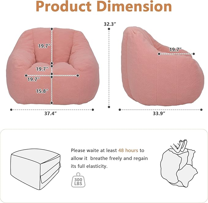 Setawix Bean Bag Chair with Filler, Comfy Teddy Bean Bag Chairs for Adults and Kids, Cozy BeanBag Sofa Fully Floor Couch with Memory Foam for Living Room Bedroom,Pink