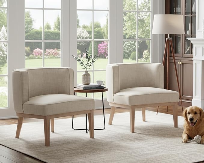 Barrel Chairs Set of 2 Mid-Century Modern Accent Chair with Solid Wood Leg Upholstered Reading Arm Chairs Linen Fabric Waiting Room Round Side Chairs for Small Spaces Living Room Bedroom Office, Beige