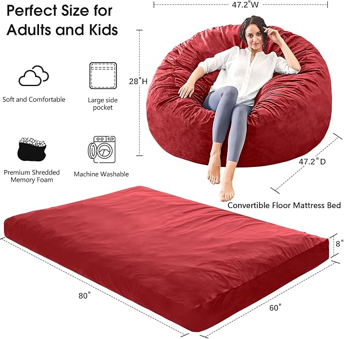 Bean Bag Chairs for Adults - Giant Bean Bag Chair Convertible Bean Bag Bed - Beanbag Chair with Micro Fiber Cover/Furniture Foam Filler - Floor Couch Sofa in Bedroom Dorm Room - Queen Red