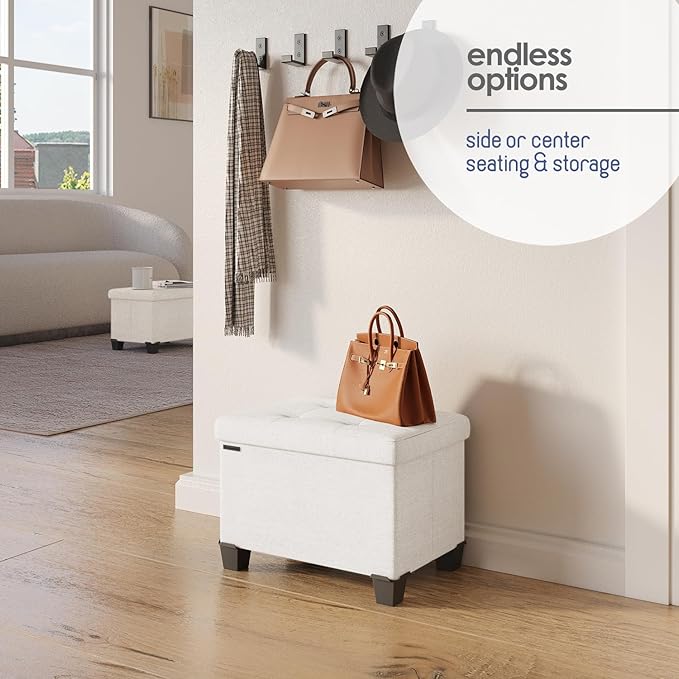 Storage Ottoman Cube with Small Bin, 16-in Square Ottoman with Storage for Living Room and Bedroom, Small Ottomans Foot Rest, Fabric Foot Stools Ottomans Max 330lbs, Cream