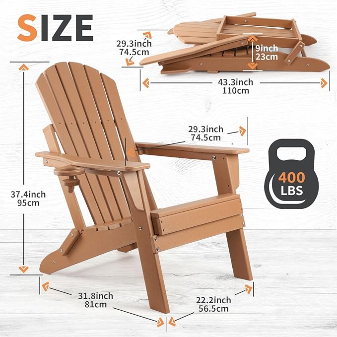 FUNBERRY Folding Adirondack Chair Set of 6, All Weather HDPE Fire Pit Chairs with Cup Holder for Outdoor