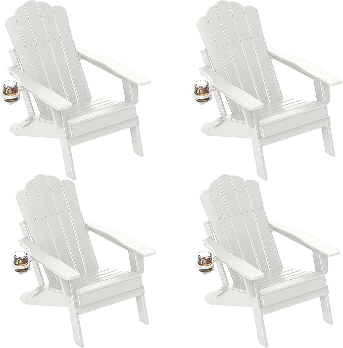 FOOWIN Adirondack Chair Set of 4, Folding Adirondack Chair with Cup Holder, HDPE All-Weather Fire Pit Chair for Patio, Garden, Backyard, Poolside, White