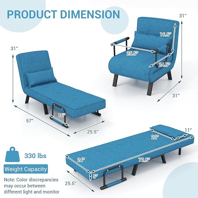 KOMFOTT Convertible Sleeper Chair Bed, 4-in-1 Folding Sofa Bed with 6-Position Adjustable Backrest, Upholstered Chaise Lounge with Removable Pillow, Leisure Recliner Lounge Couch for Home Office