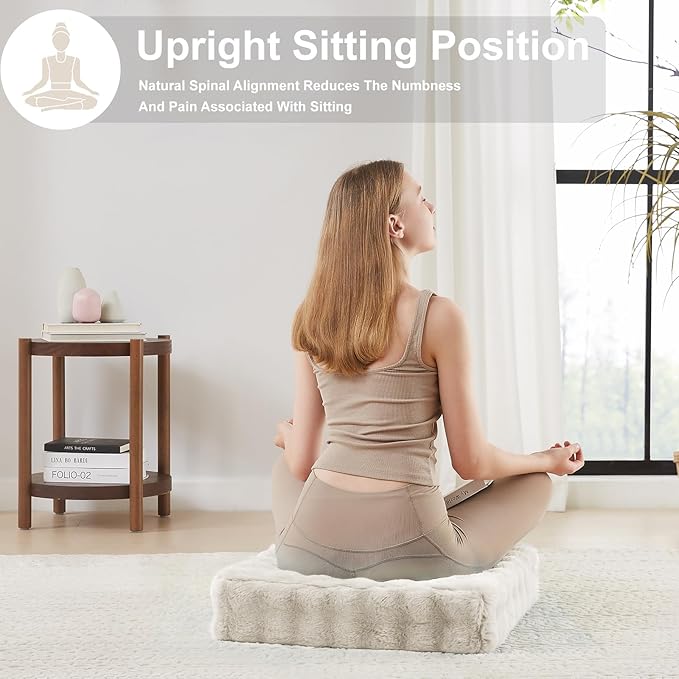 JKMAX 22 inches Floor Pillow for Adults - Large Meditation Cushion with Thick Foam & Soft Tufted Cover - Premium Outdoor Square Floor Cushion Seat - Yoga Pillows for Sitting On Floor - Almond White
