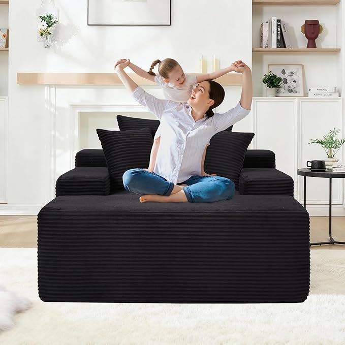 67.3'' Oversized Chaise Lounge Chair Indoor,Corduroy Boneless Couch with 3 Pillows Wide Armrest,Comfy Cloud Couch Sleeper Sofa Reading Chairs for Living Room Bedroom,No Assembly Required (Black)