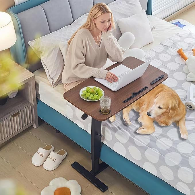 Overbed Bedside Table with Wheels Adjustable Height, Mobile Hospital Bed Table with USB Port, Rolling Standing Laptop Bed Table for Study, Office, Home, Walnut