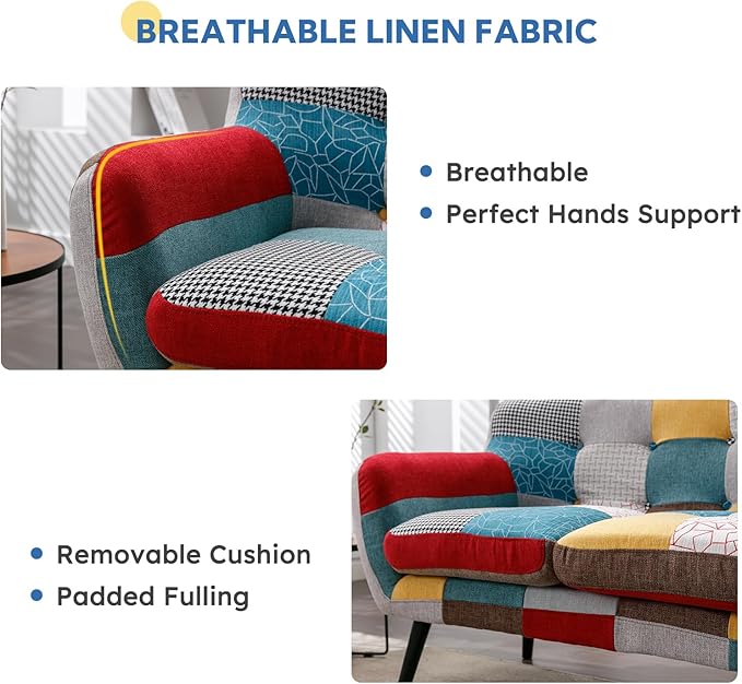 Bonzy Home Modern Boho Loveseat Couch Sofa Chair for Living Room Bedroom, Upholstered Colorful Plaid Fabric 2-Seat Love Seat Sofa with Wood Leg for Small Space, One Loveseat