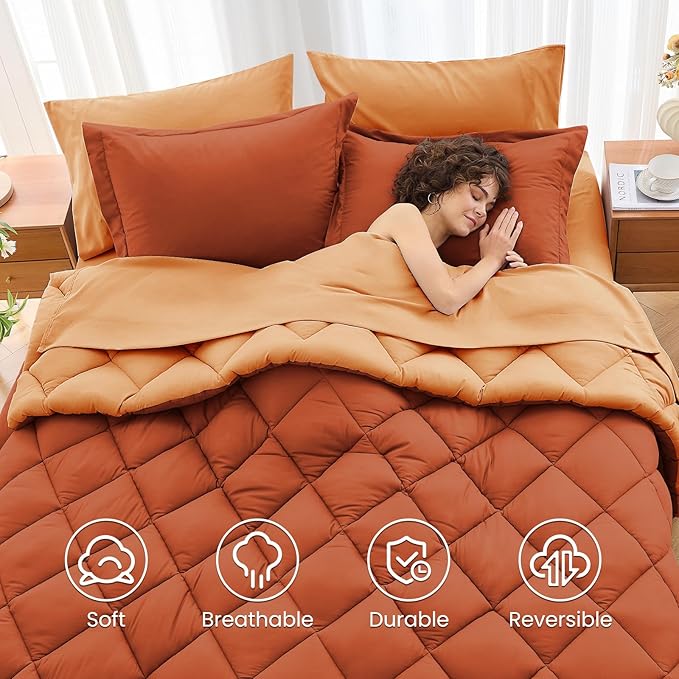 MUXHOMO 7 Pieces Queen Comforter Set, Reversible Bed in a Bag Queen Size, All Season Bedding Set with Comforter, Flat Sheet, Fitted Sheet, Pillowcases & Shams, Burnt Orange & Camel