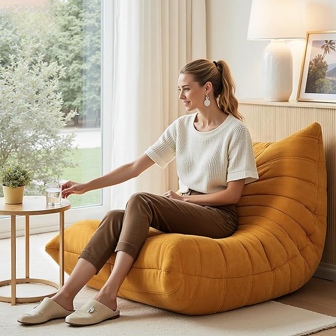 High-end Bean Bag Chair, Fireside Togo Chair with Yellow Suede Fabric Cover, Comfy & Soft Lazy Floor Lounge Sofa for Bedroom, Living Room, Office or Lounger
