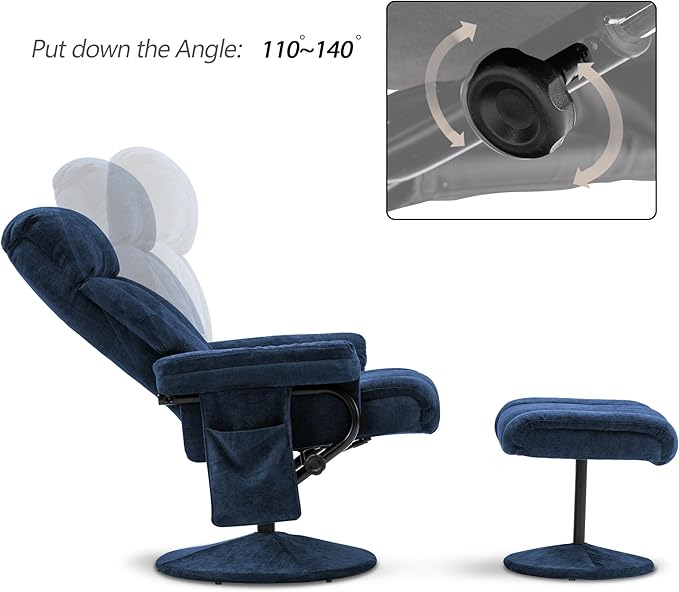 MCombo Swivel Recliner with Ottoman, TV Chair with Vibration Massage, Ideal for RV Small Space, Living Room & Bedroom 4828 (Textile, Blue)