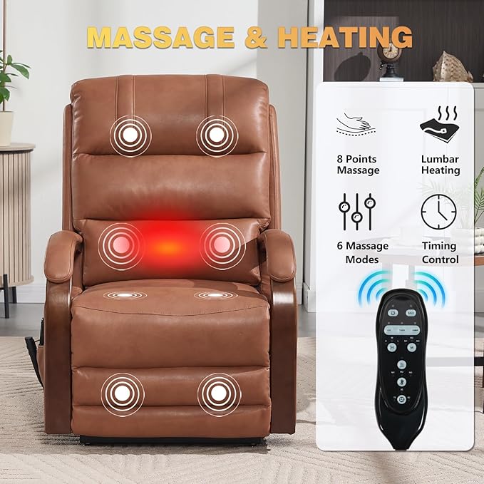 Dual Motor Power Lift Recliner Chair, Lay Flat Recliner, Lift Chair with Massage and Heat, Standing Assistance, Infinite Position Reclining, Living Room Chair (Faux Leather Orange)