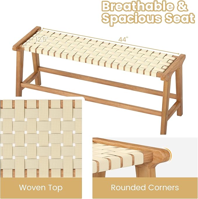 Tangkula Teak Wood Outdoor Bench, Patio Backless Wooden Dining Bench with Weave Seat, Solid Wood Legs, Indoor & Outdoor Wooden Bench for Porch, Backyard, Deck, Entryway (Natural,1)