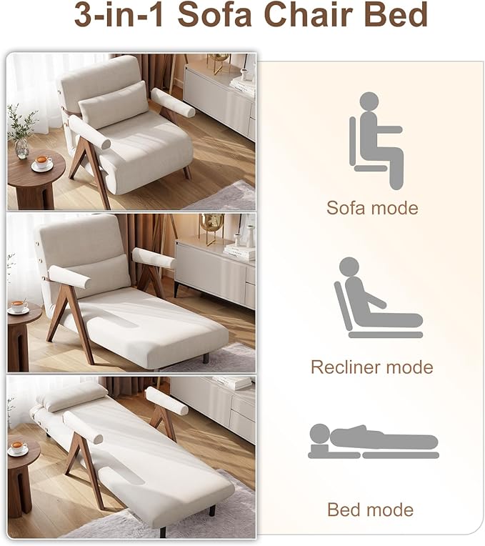 25in w Residential Convertible Sofa Bed Chair| White Sleeper Chair for Reading |3 in 1 Sleeper Sofa Couch Bed | Adults | Living Room, Bedroom,Office | Adjustable Backrest| Space-Saving