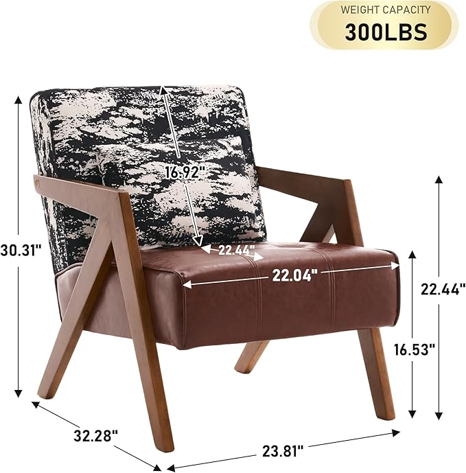 Mid-Century Modern Accent Chair with Solid Wood Frame，Upholstered Leather Living Room Arm Chairs with Pillow for Bedroom, Living Room, Balcony， Reading Room, Brown