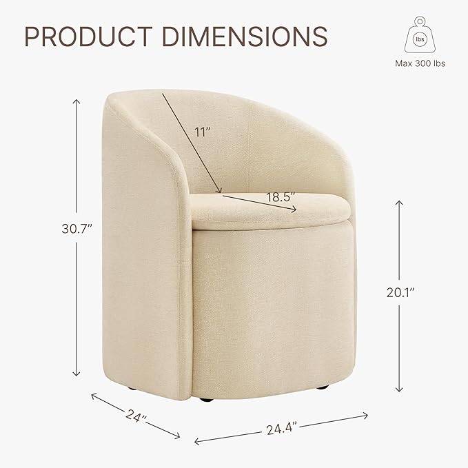Upholstered Dining Chairs with Casters, Rolling Modern Dining Room Chairs with Hidden Storage & Barrel Backrest, Easy Assembly Accent Chair for Bedroom, Living Room, Dressing, Sand Fabric,1PCS