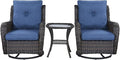 Rilyson Wicker Rocking Chair Swivel Chairs - 3 Piece Rocker Patio Furniture Set Rattan Rocking Bistro Sets with Glass Top Side Table for Outdoor Porch Deck Garden Backyard (Brown/Blue)