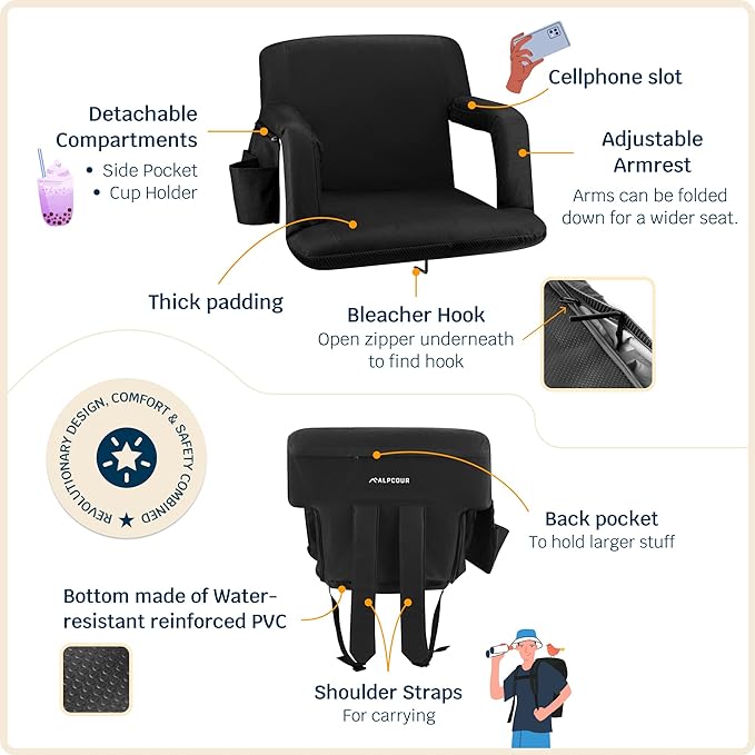 Alpcour Stadium Seats with Back Support for Bleachers – Wide Bleacher Chairs with Thick Padded Cushion, Armrests, Side Pockets, & Shoulder Straps – Best Portable Seat Chair for Sports Events
