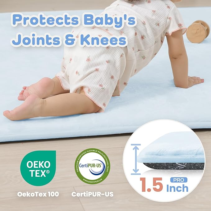 PaPaMat 1.5" Thick Baby Play Mat for Floor, 50x50 Playpen Mat, Pro Soft Flannel Foam Mats Toddler Infant Kids Crawling for Nursery Rug Playroom Living Room Waterproof Easy Care Non-Slip (Baby Blue)
