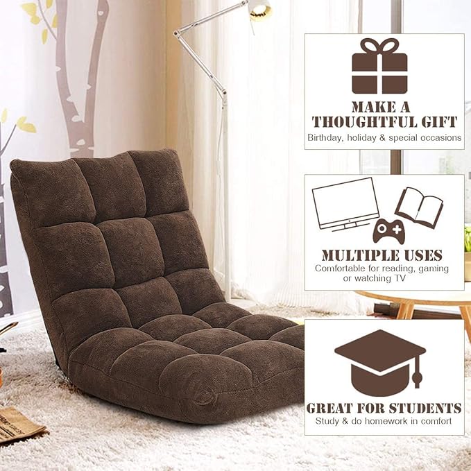 S AFSTAR Cushioned Floor Chair, 14-Position Adjustable Padded Lazy Recliner with Comfortable Back Support and Skin-Friendly Cover, Great for Reading, Playing Game, Meditating (Dark Coffee)