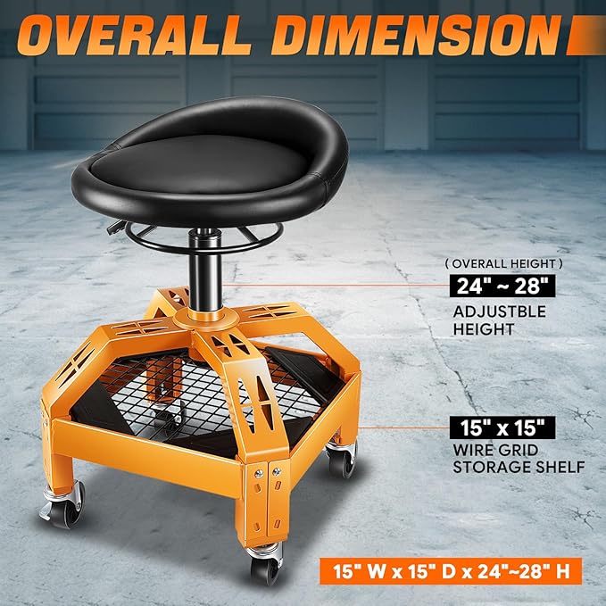 DNA Motoring Rolling Padded Seat Adjustable Height Seat 330lbs Capacity Rolling Mechanic Creeper Stool, W/Tool Storage Drawer & Tray, Black/Yellow,TOOLS-00599