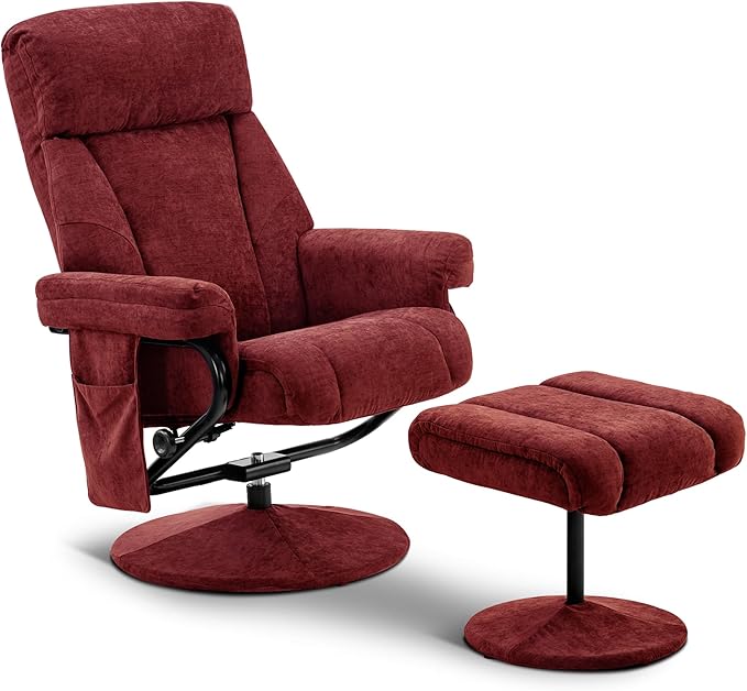 MCombo Swivel Recliner with Ottoman, TV Chair with Vibration Massage, Ideal for RV Small Space, Living Room & Bedroom 4828 (Textile, Burgundy)
