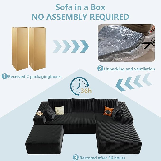 96" W Cloud Sectional Couch with Ottoman,Modern U-Shaped Cloud Couch with Deep Seat,Comfy Corduroy 3-Seater Sofa,Memory Foam Sofa for Living Room,No Assembly (Black,Right-Facing Chaise)