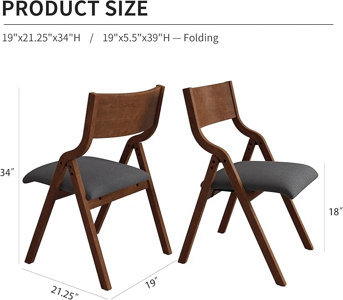 Ball & Cast Padded Folding Chairs 2 Pack,Solid Wood Frame Foldable Dining Chair,18" Seat Height,Space Saving,Easy to Carry Suitable for Kitchen, Bedroom, Light Grey