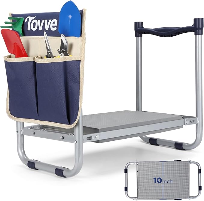 Tovve Upgraded Garden Kneeler and Seat with Thicken & Widen Soft Kneeling Pad, Heavy-Duty Foldable Garden Stool with Large Garden Tool Bag, Portable Garden Bench Gardening Gifts for Women, Seniors