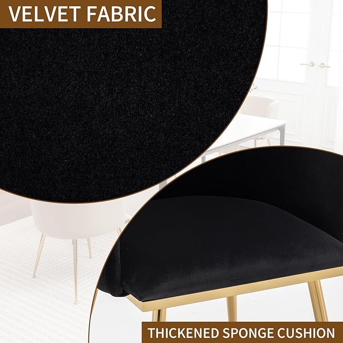Canxkun Velvet Dining Chairs Set of 2, Barrel Dining Chairs with Gold Metal Legs, Modern Upholstered Dining Room Chair for Dining Room, Kitchen, Vanity (Black)