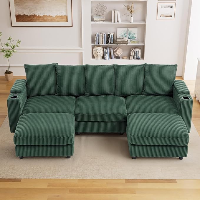 110" W x 60" D U Shape Sectional Sofa with USB Charging & Cup Holder & Storage, 5 Seater Plush Corduroy Couches with Movable Ottoman, Cloud Couch Sofas for Living Room, DIY Combination - Green