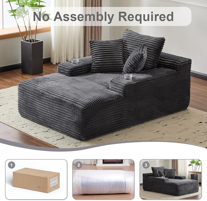 66" Oversized Chaise Lounge Sofa Chair Indoor, Modern Corduroy Single Sleeper Couch Chair with 3 Soft Pillows＆Cup Holder, Boneless Cloud Couch Single Seat Sofa Bed for Living Room Office (Dark Grey)