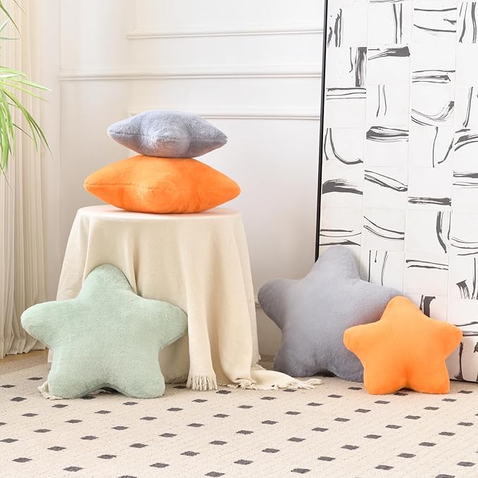 Xiashrk Star Pillow, Decorative Throw Pillows for Bed Couch, 15" Star Shaped Pillow Plush Floor Cushions Room Decor Pillow with Faux Rabbit Fur for Sofa Bedroom Living Room (Light Grey, 19.6" x 19.6")