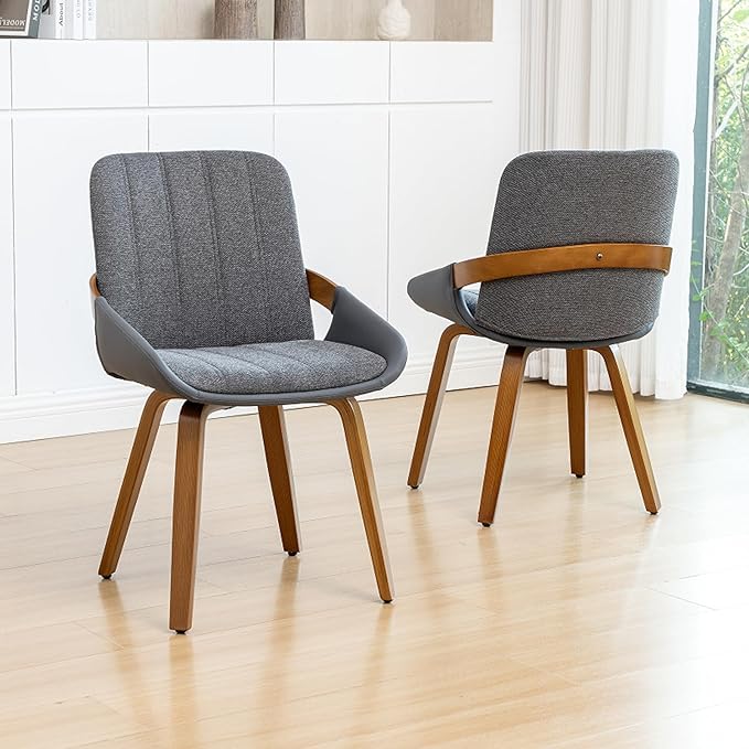 YOUUGIOR Dining Room Chairs Set of 4, Mid Century Modern Gray Fabric+Faux Leather Kitchen Chairs No Arms,Bamboo Legs Side Chairs No Wheels,Accent Chair for Dining Rooms