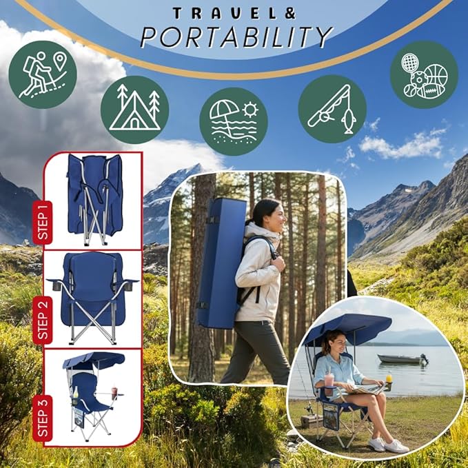 CozyBox Portable Folding Camping Chairs with Canopy Shade, Beach Chair for Adults, Durable Weather Resistant 600D Oxford Cloth, Camping Chair with Canopy for Outdoors [Navy-2 Pack]