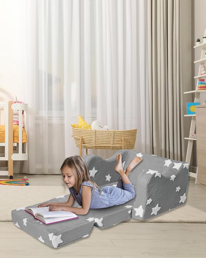 Toddler Couch, Kids Couch for Toddler Fold Out, 2-in-1 Convertible Kid Sofa to Lounger Bed for Girls and Boys, Ideal for Reading Sleeping Gaming Decor (Gray)