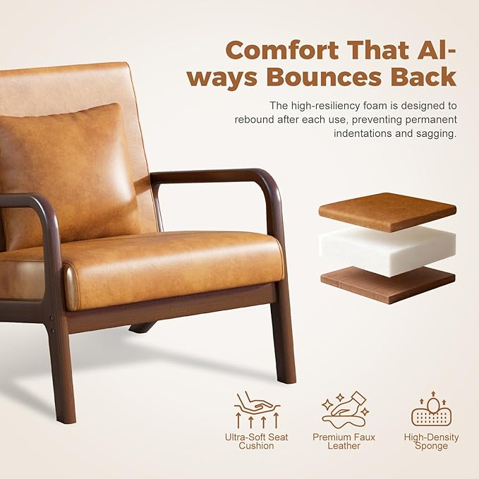 ELUCHANG Mid-Century Modern Chair,Upholstered Accent Chair Reading Arm Chair with Cushion & Lumbar Pillow & Solid Wood Frame for Lounge, Living Room, Bedroom, Office, Brown-PU Leather