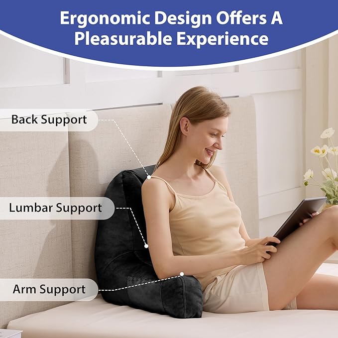 IASEAHK Reading Pillows for Sitting in Bed Adult, Back Pillow for Bed Sitting Up, Backrest Pillows with Shredded Foam for Adult&Teens, Support Pillow with Arms for Beds, Couch, Floor, 24in, Black